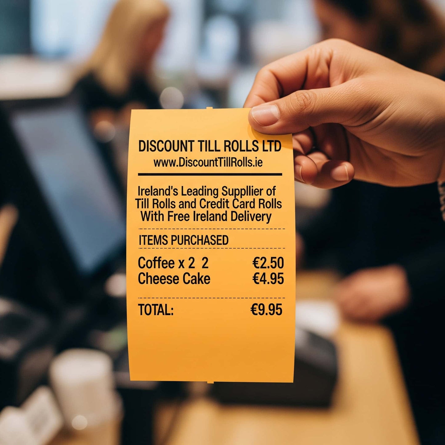 close up of a customer holding a orange thermal receipt
