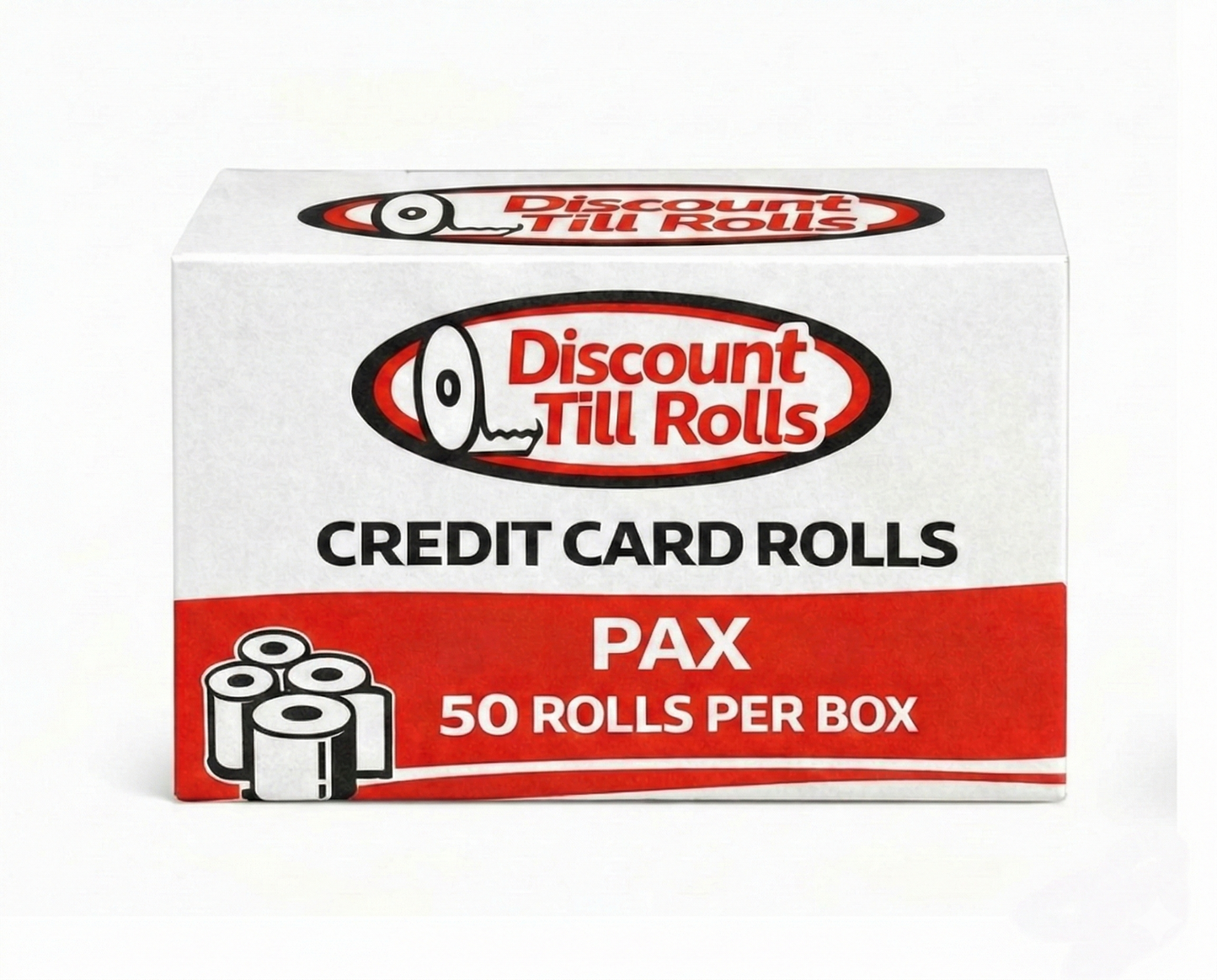 a Discount Till Rolls branded box of PAC Credit Card Rolls on a white background
