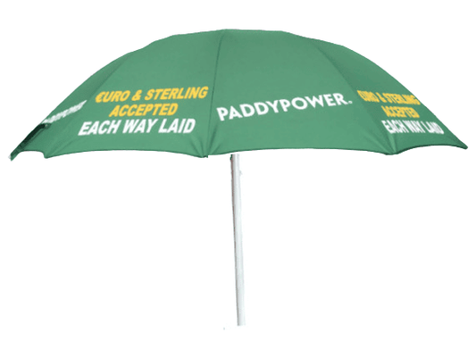 Bookmakers Green Umbrella with Paddy Power branding on a white background