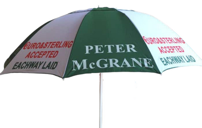 Green White bookmakers racecourse umbrella with 'Peter McGrane' branding on a white background