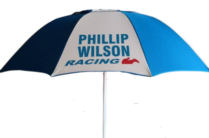 Bookmakers racecourse Umbrella with 'Phillip Wilson Racing' branding on a white background
