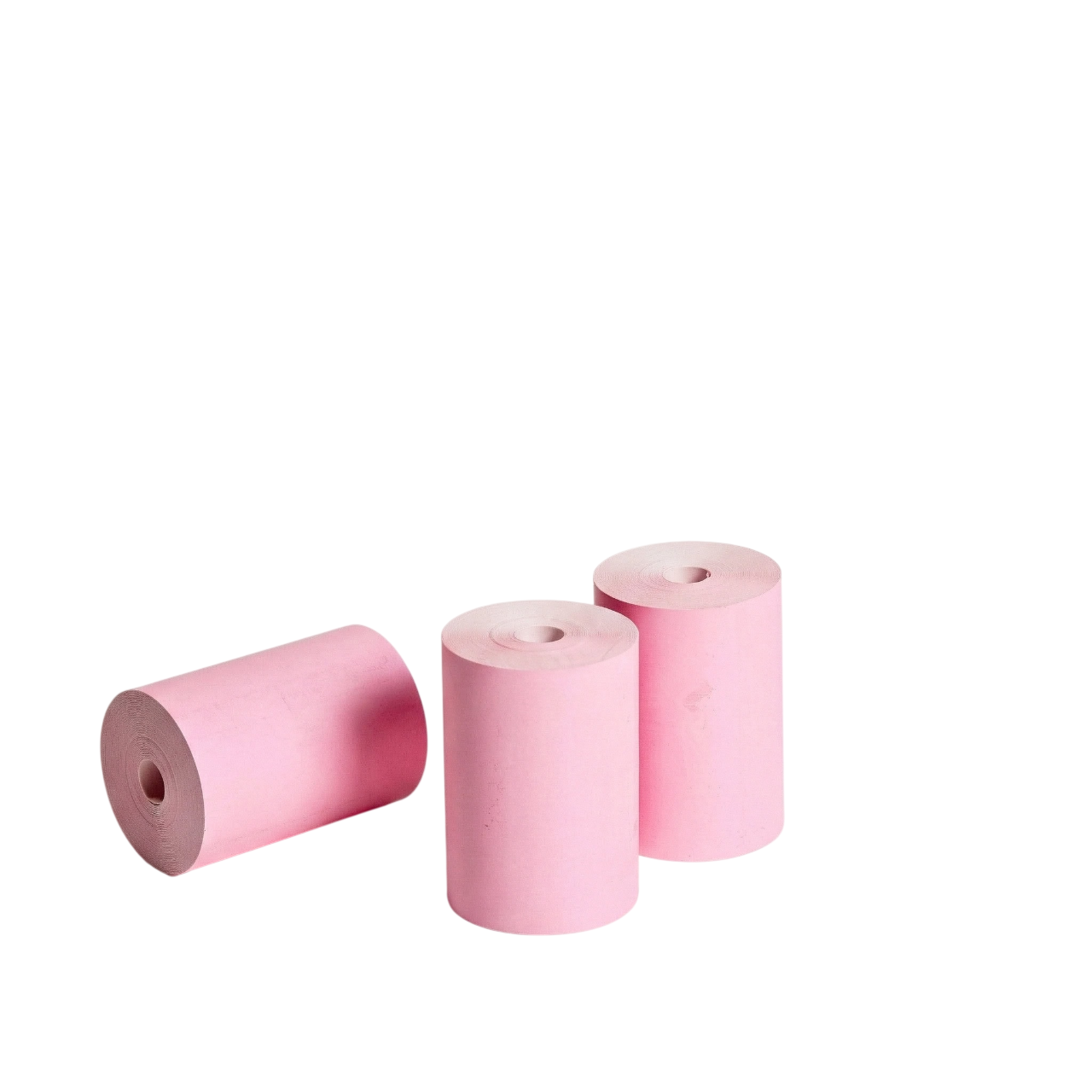 Three pink credit cardrolls of paper on a white background