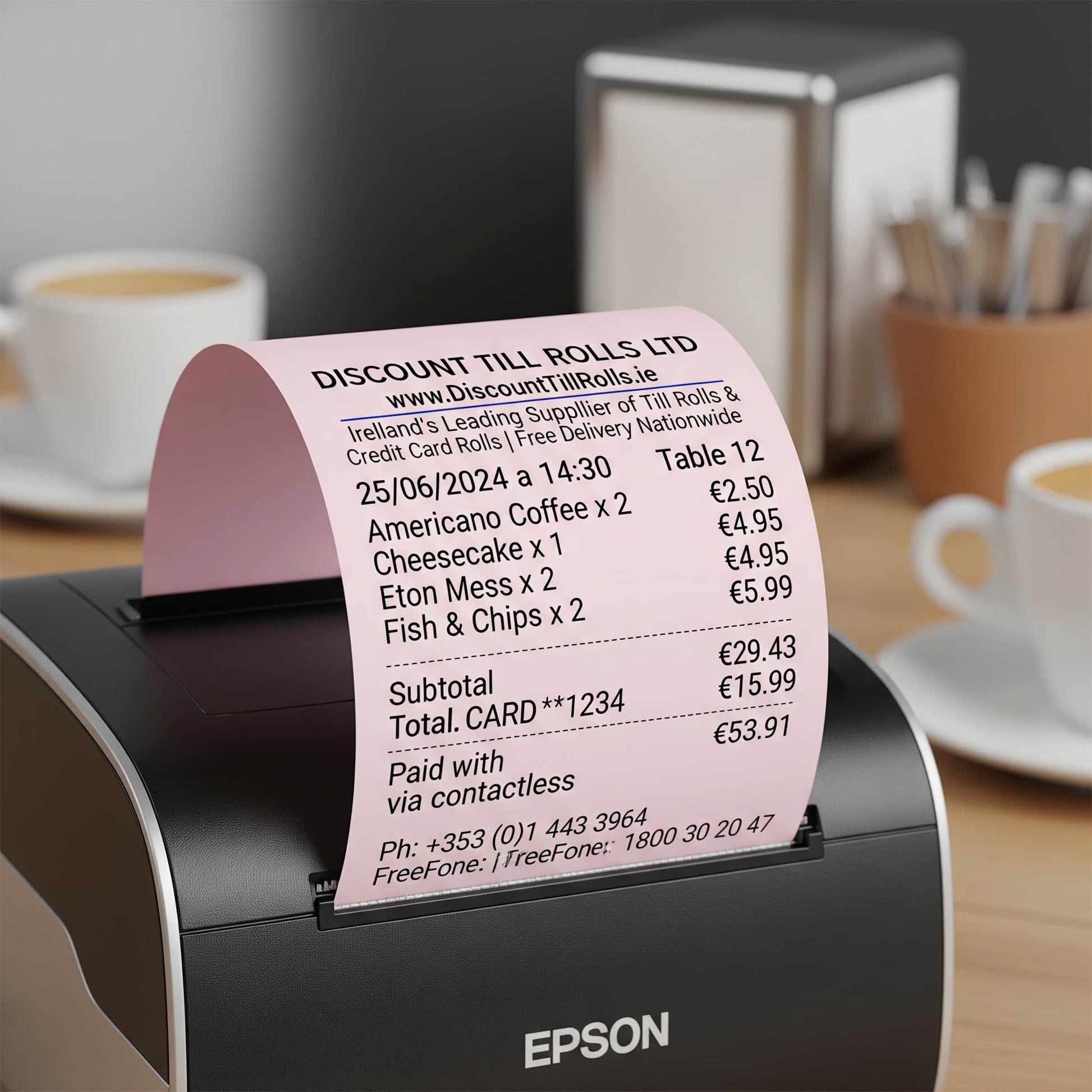 thermal printer printing a pink thermal till rolls receipt