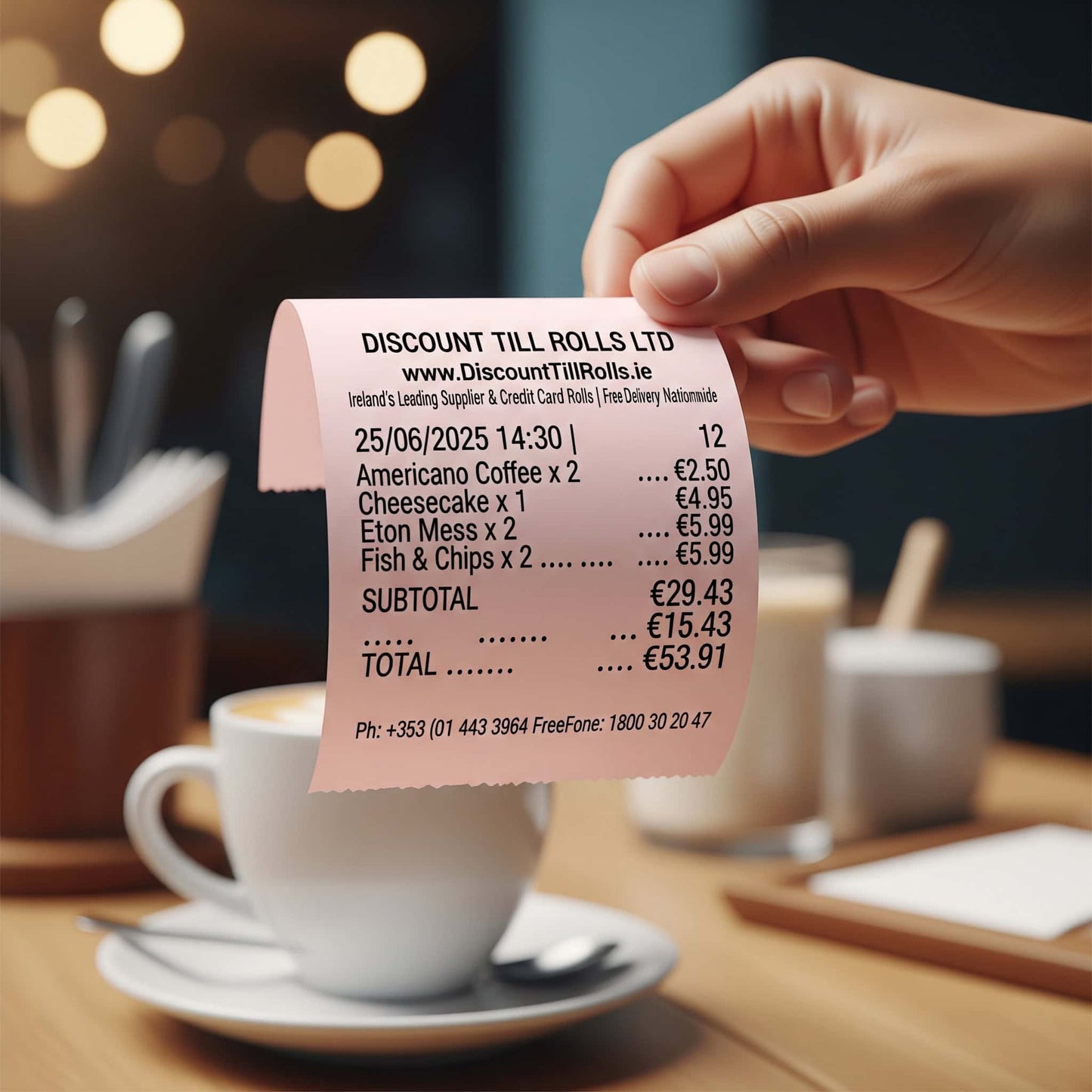 customer holding a pink till roll receipt in a coffee shop setting
