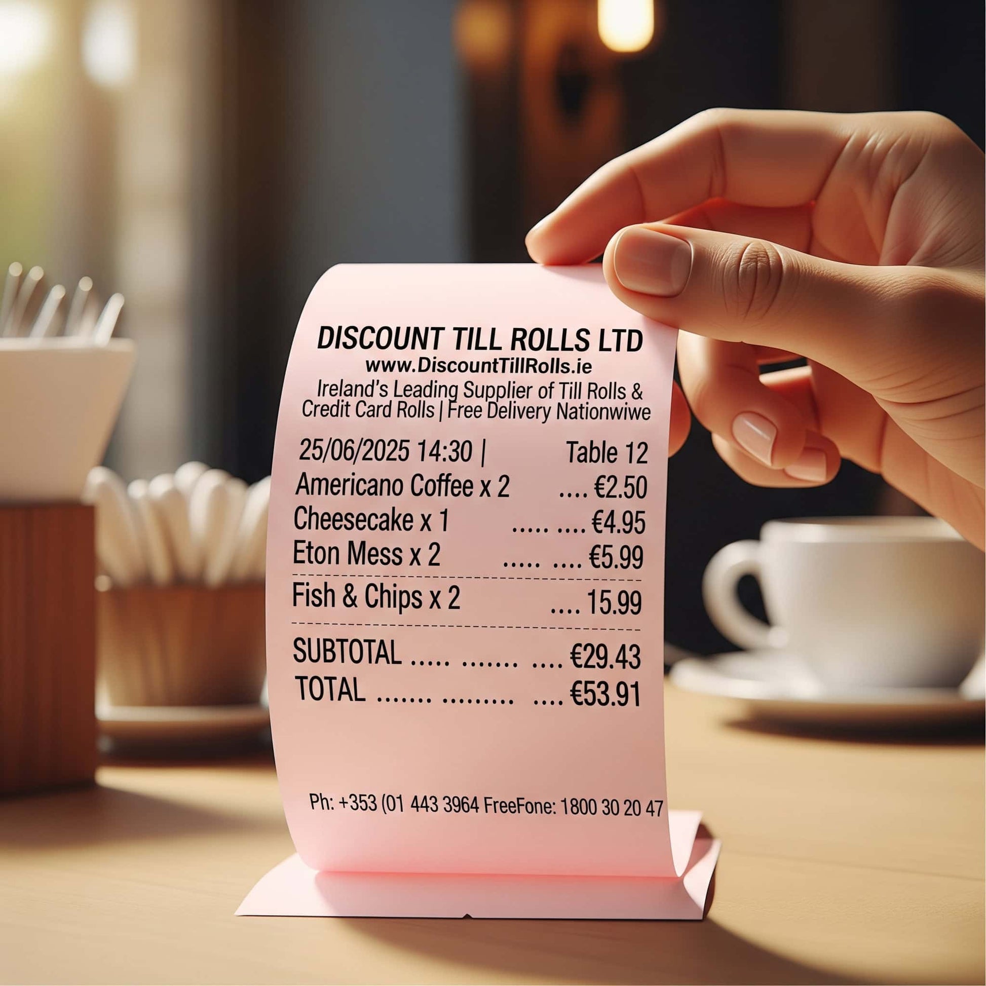 custoer holding a pink receipt from discount till rolls