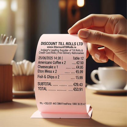 custoer holding a pink receipt from discount till rolls