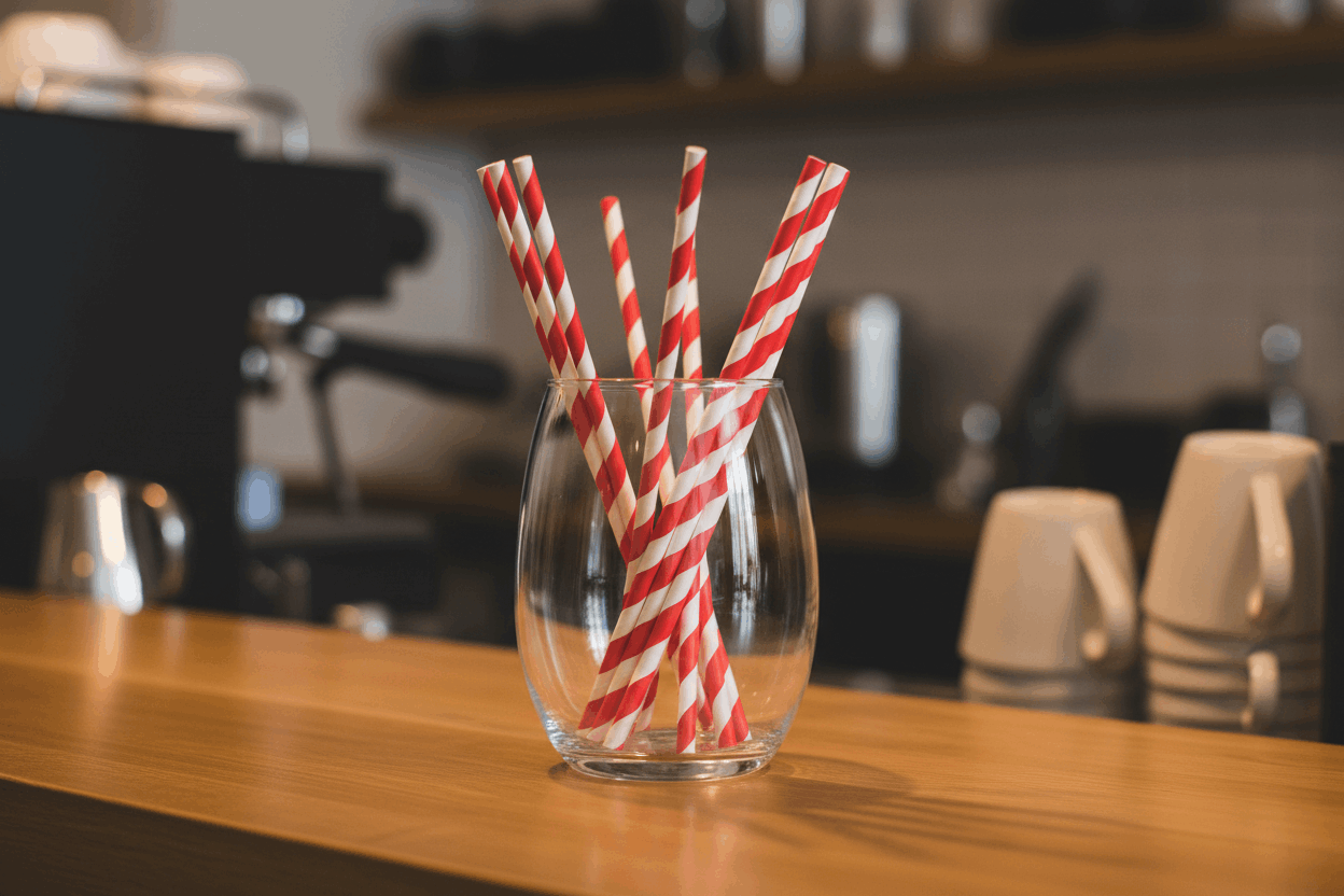Red & White Compostable Paper Straws in cafe container