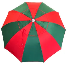 top view Red and green racecourse bookmakers umbrella on a white background