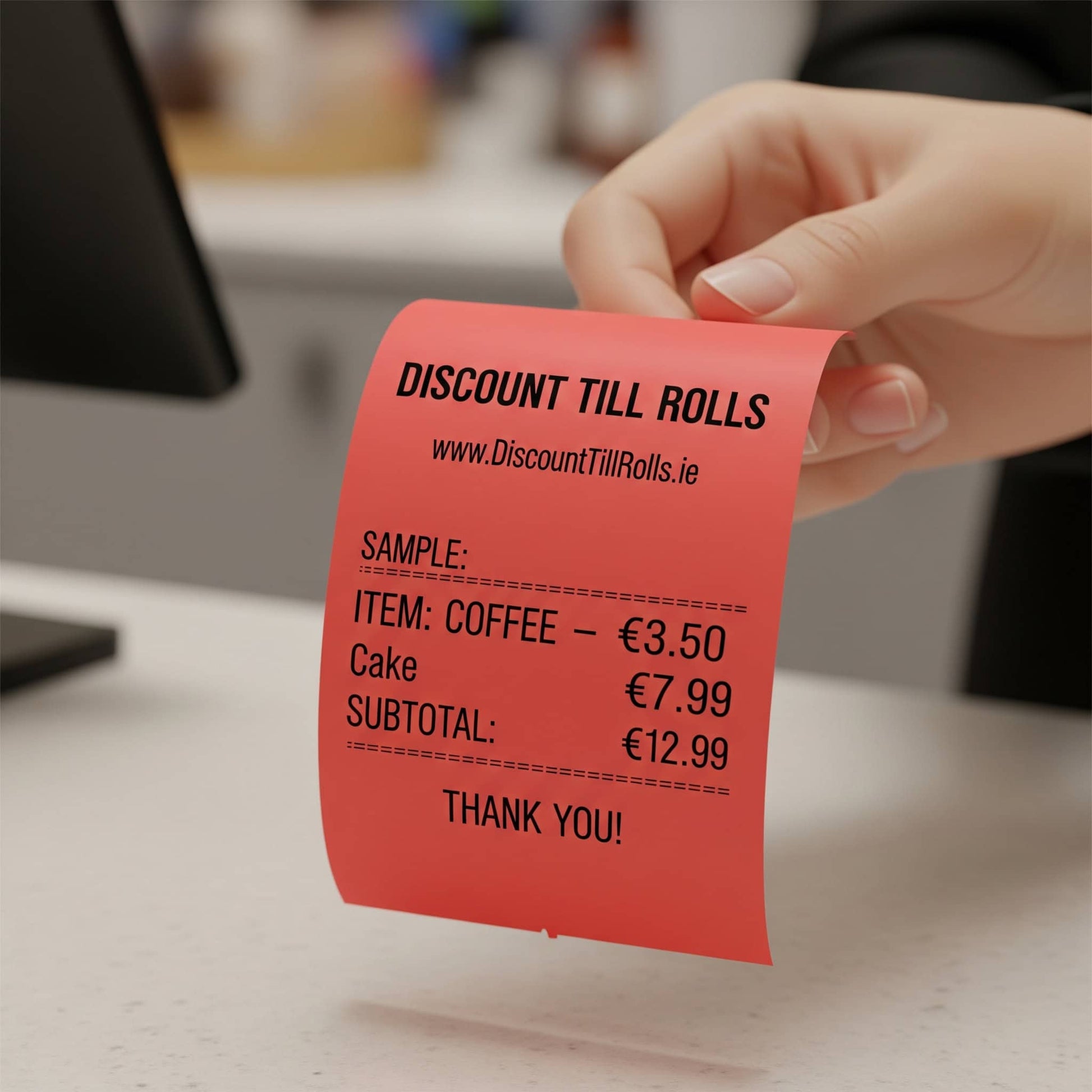customer holding a red thermal receipt  from discount till rolls
