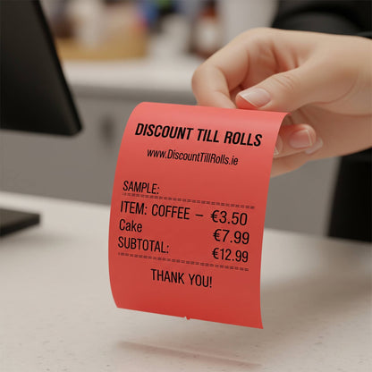 customer holding a red thermal receipt  from discount till rolls