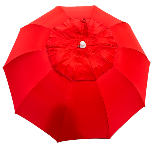 Top view of a red Bookmakers racecourse umbrella on a white background