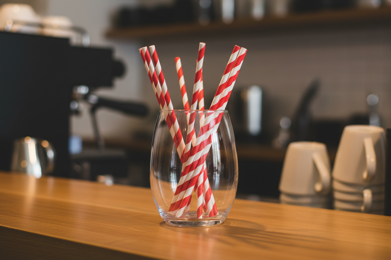 Red & White Compostable Paper Straws in cafe container