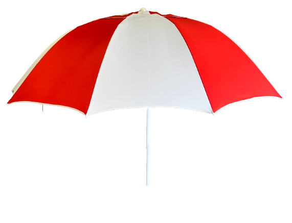 Red and white racecourse bookmakers umbrella on a white background