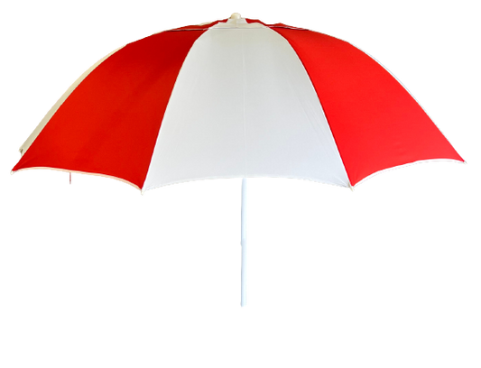 Red and white racecourse bookmakers umbrella on a white background