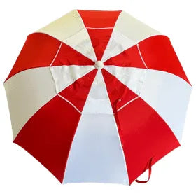 top view of a Red and white bookmakers umbrella on a white background