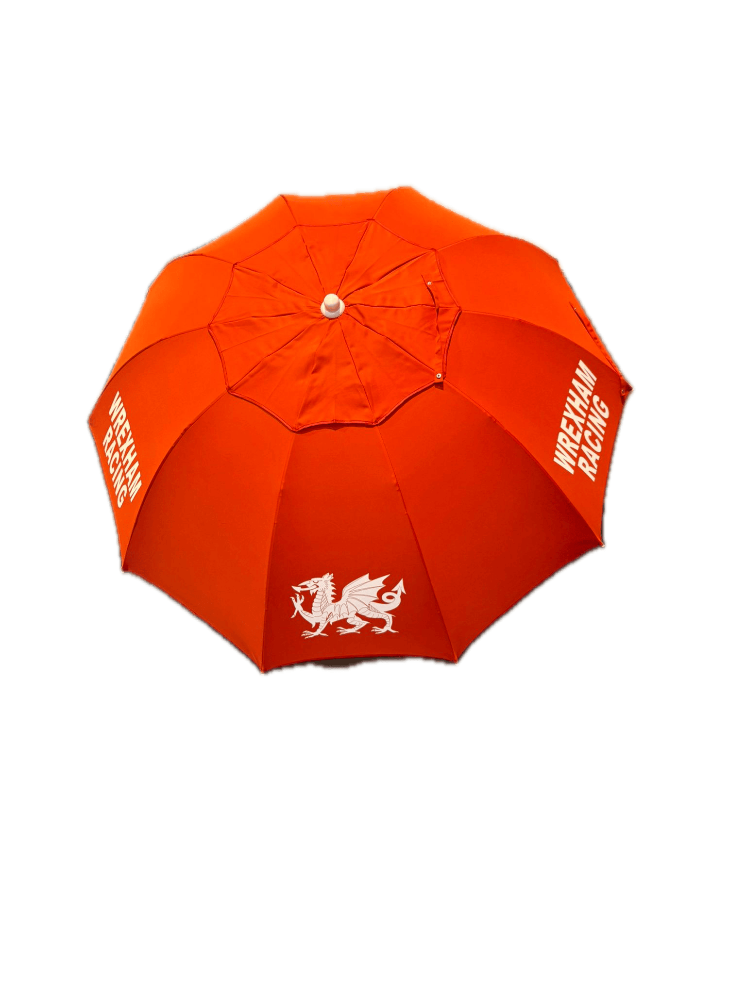 Top view of a Red. bookmakers Umbrella with  with white branding  text and logo for Wrexham racing on a transparent background