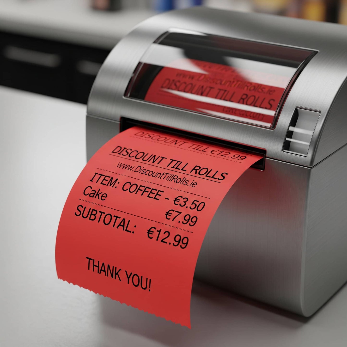 thermal printer printing a receipt from a red till rolls