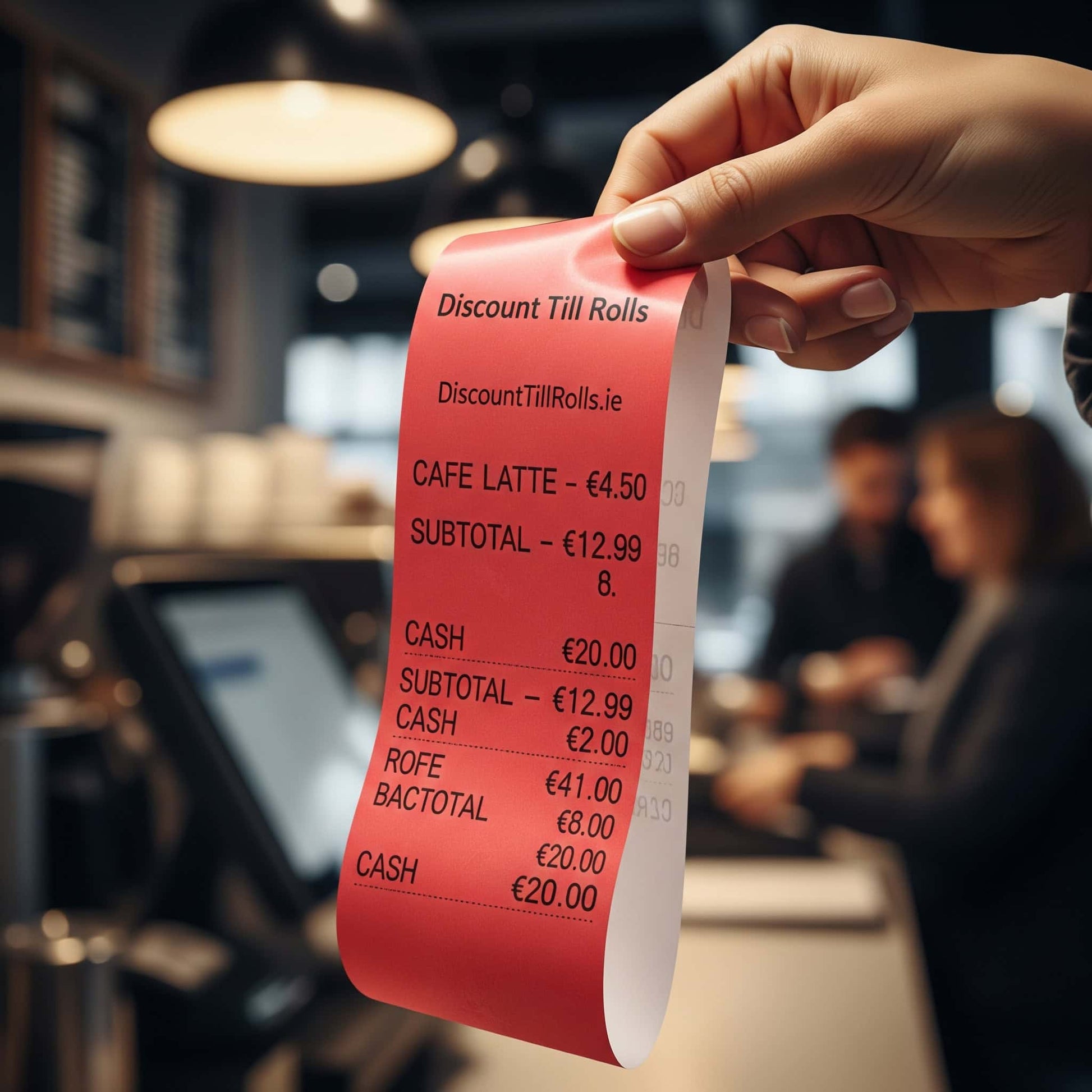 customer holding a red thermal receipt  in a restaurant setting