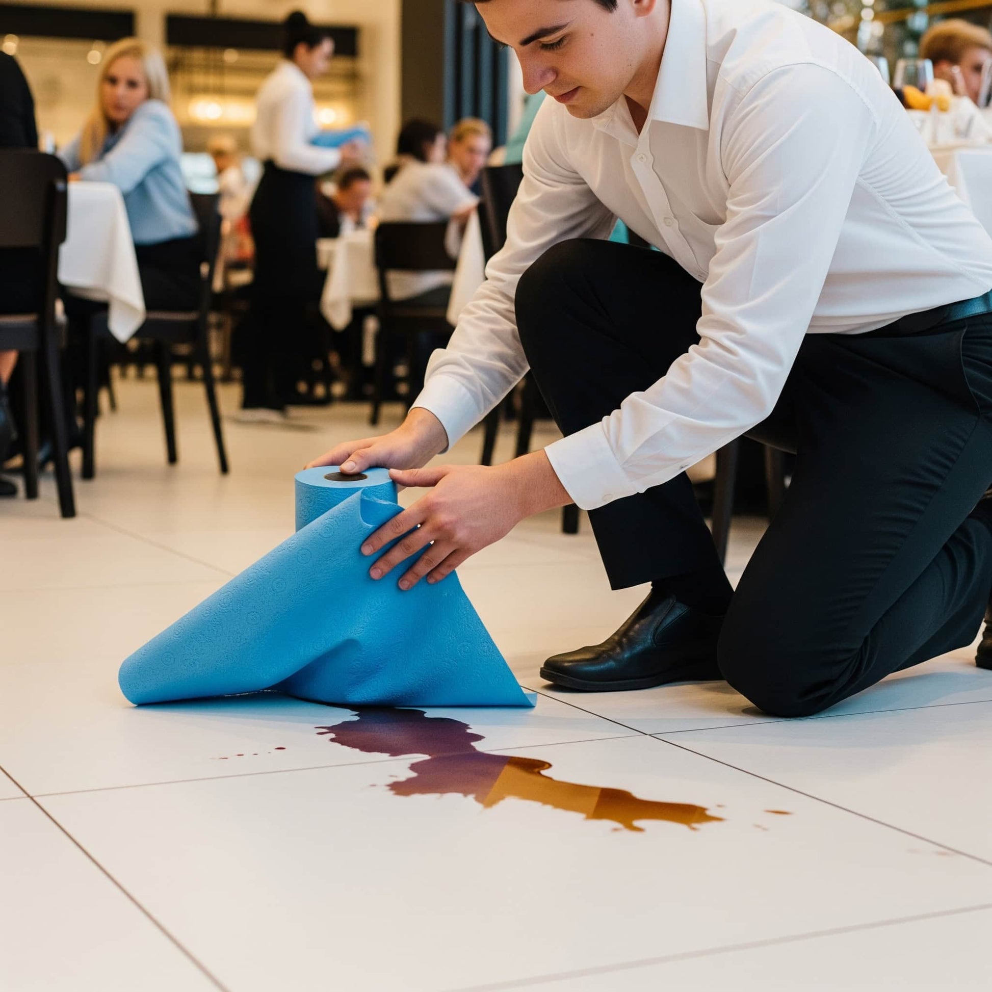 Person applying blue roll spill to red liquid spill on tiled floor in restaurant setting