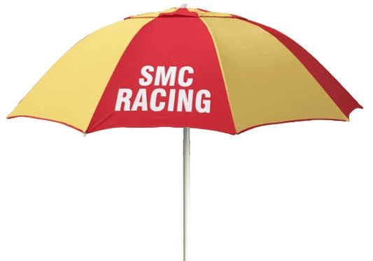 Racecourse Bookmakers Red and yellow umbrella with 'SMC Racing' text on a white background