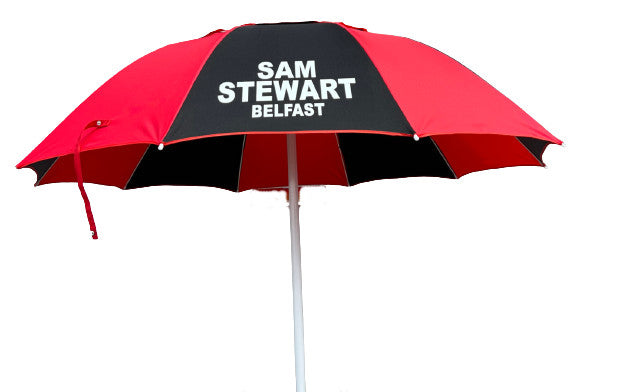 Red and black racecourse bookies umbrella with 'Sam Stewart Belfast' text on a white background