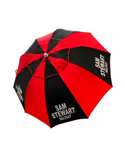 Red and black umbrella with 'Sam Stewart Belfast' branding on a white background