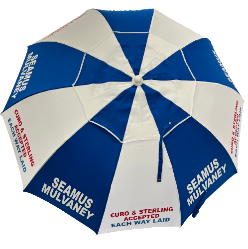 Racecourse Bookmakers Blue and white umbrella with Seamus Mulvaney branding on a white background
