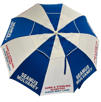 Racecourse Bookmakers Blue and white umbrella with Seamus Mulvaney branding on a white background