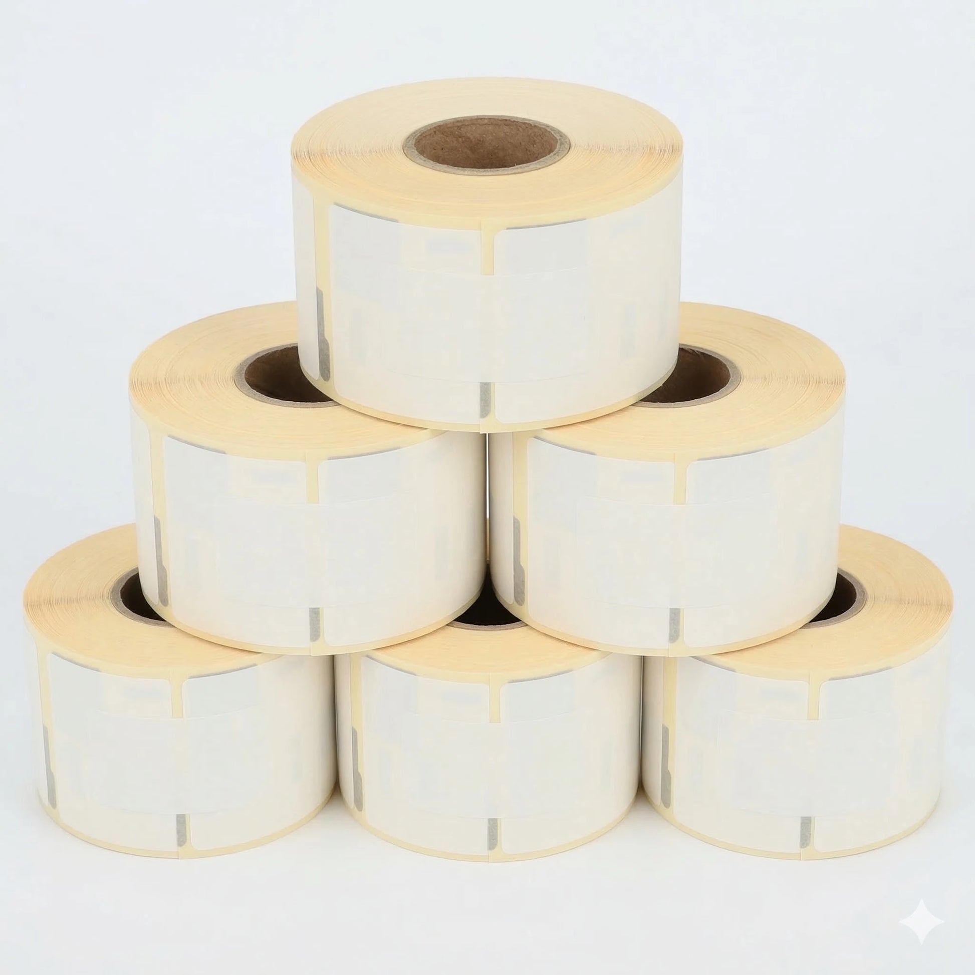 Stack of Seiko SLP-2RLH label rolls on a white background
