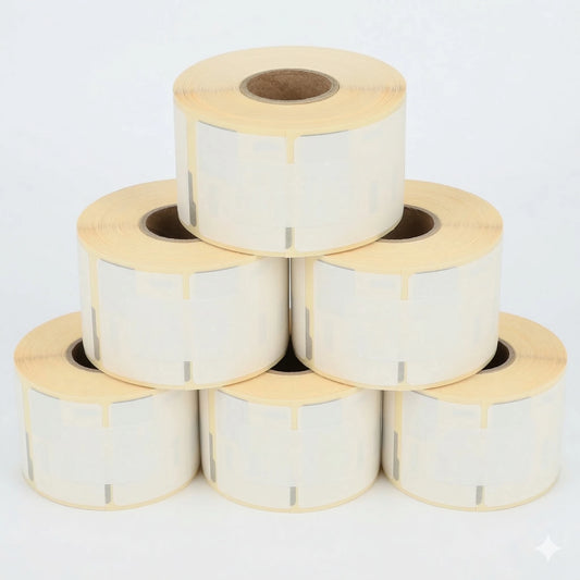 Stack of Seiko SLP-2RLH label rolls on a white background