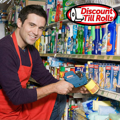 shop worker using a price gun to label tins
