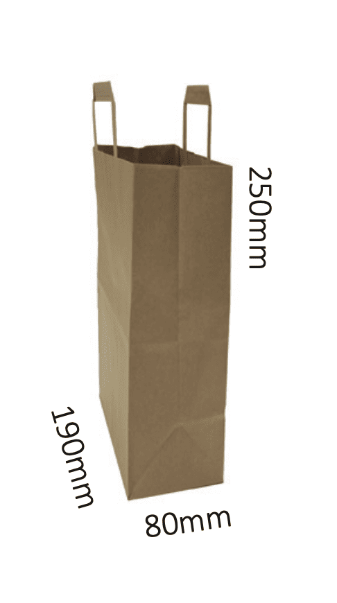 Small Brown Kraft Bag with Handle 190x80x250mm (250 Bags) with measurements on a white background