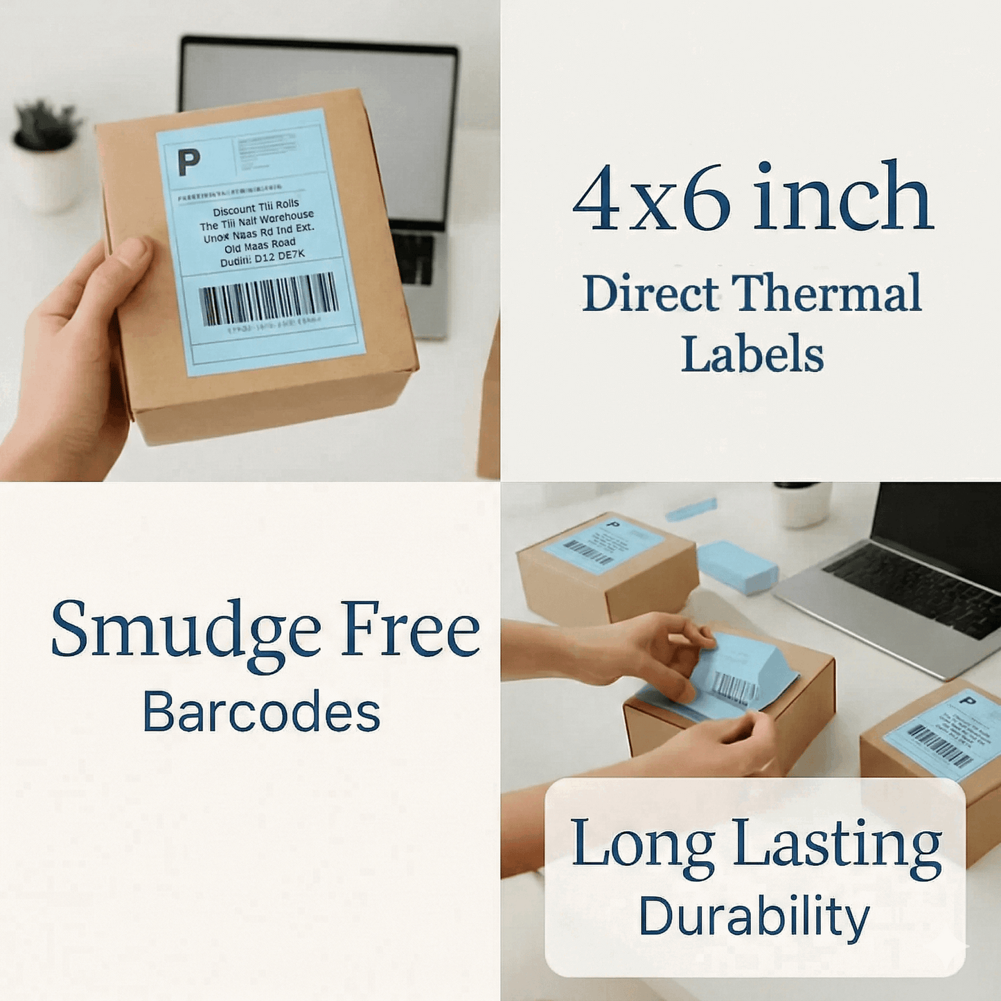 102x152mm (4x6 inch) Zebra compatible thermal labels with smudge-free barcodes and long-lasting durability on a white background.