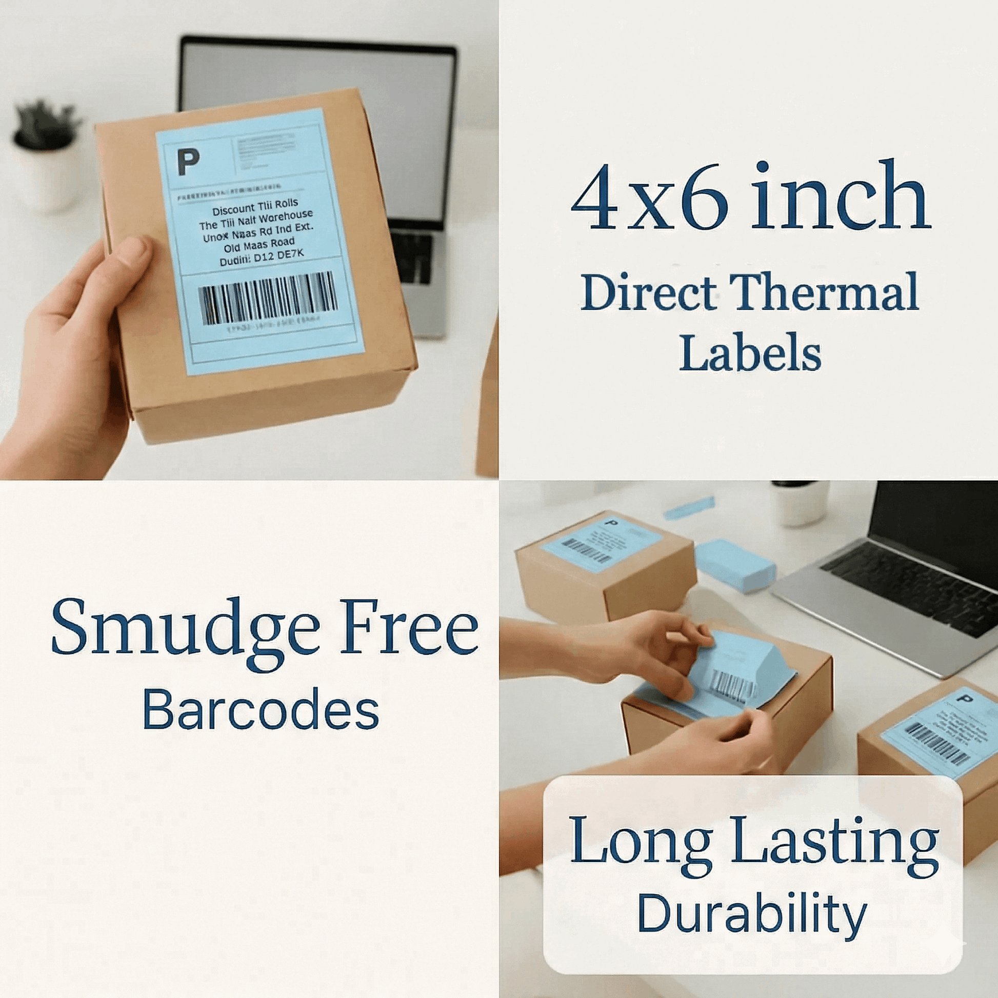 102x152mm (4x6 inch) Zebra compatible thermal labels with smudge-free barcodes and long-lasting durability on a white background.