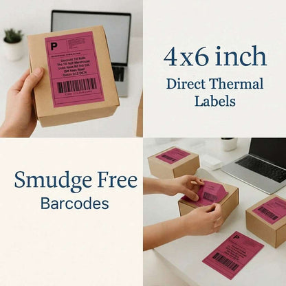 102x152 (4x6 inch) Zebra compatible Pink thermal labels being applied to boxes with a laptop in the background.