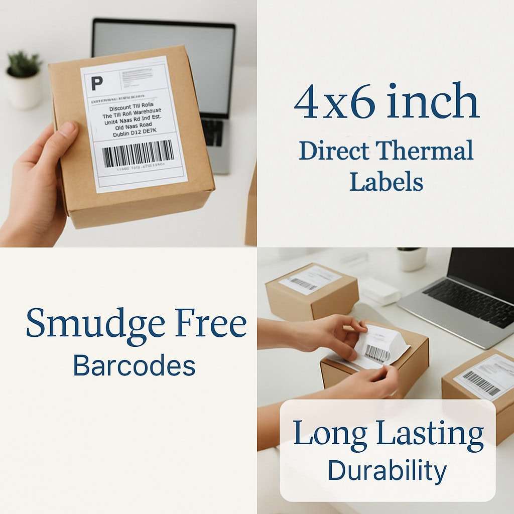 4x6 inch direct thermal labels being used on packages with text highlighting features like smudge-free barcodes and long-lasting durability.
