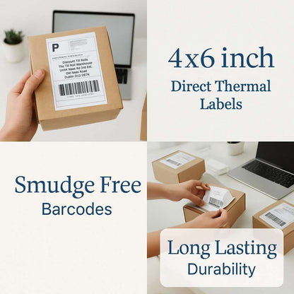 4x6 inch direct thermal labels being used on packages with text highlighting features like smudge-free barcodes and long-lasting durability.