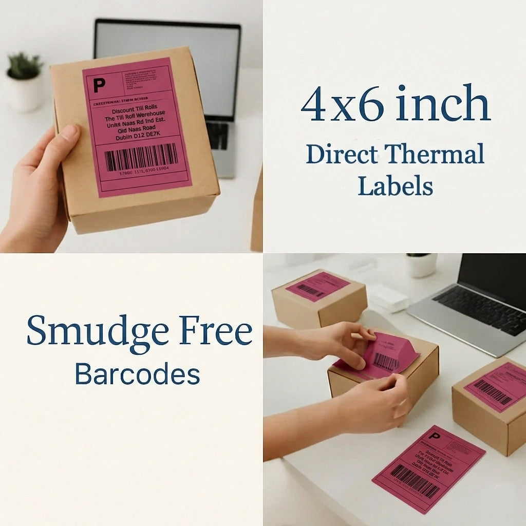 102x152 (4x6 inch) Zebra compatible Pink thermal labels being applied to boxes with a laptop in the background.