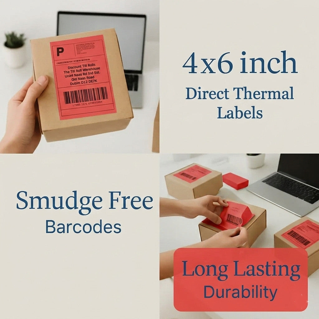 Smudge free  102x152mm (4x6") red shipping labels on parcels