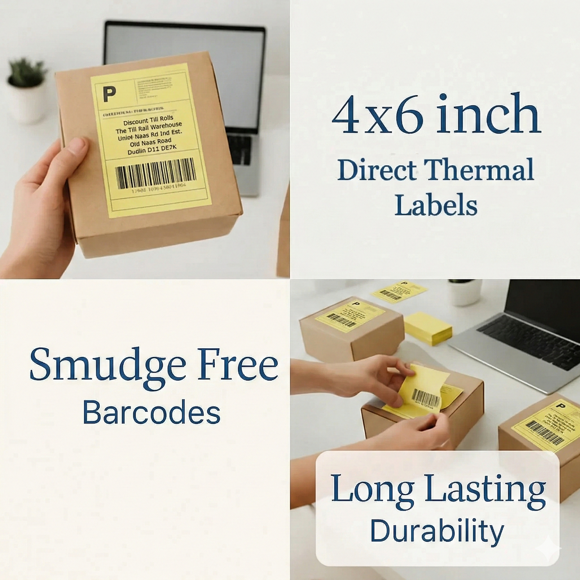 102x152 (4x6 inch) Zebra compatible  thermal labels with barcodes on boxes, laptop, and desk.