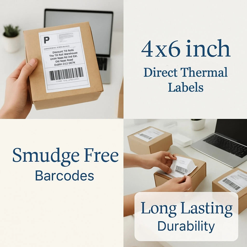 4x6 inch direct thermal labels being used on packages with text highlighting features like smudge-free barcodes and long-lasting durability.