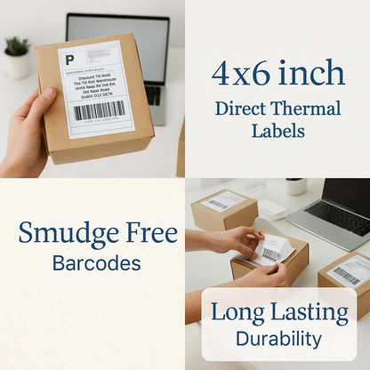 4x6 inch direct thermal labels being used on packages with text highlighting features like smudge-free barcodes and long-lasting durability.