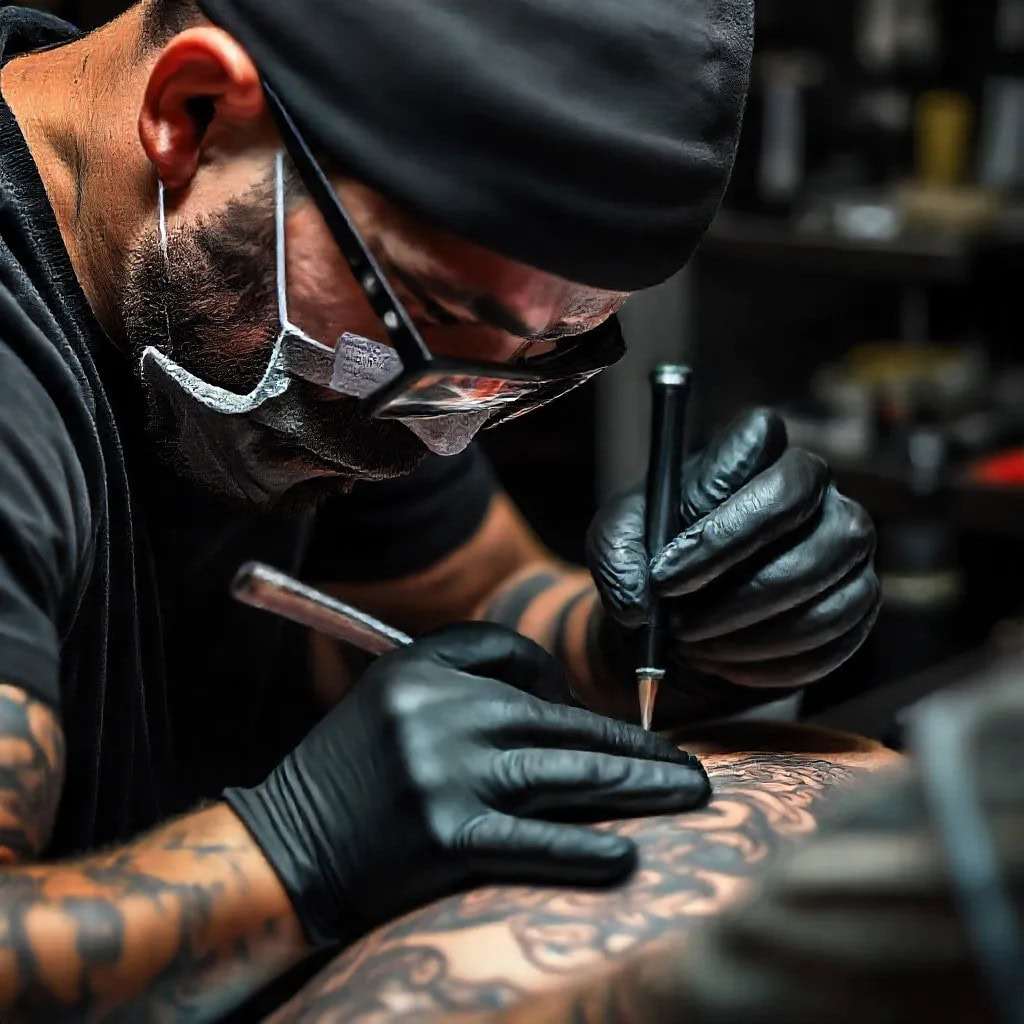 tattoo artist working  wearing black nitrile gloves
