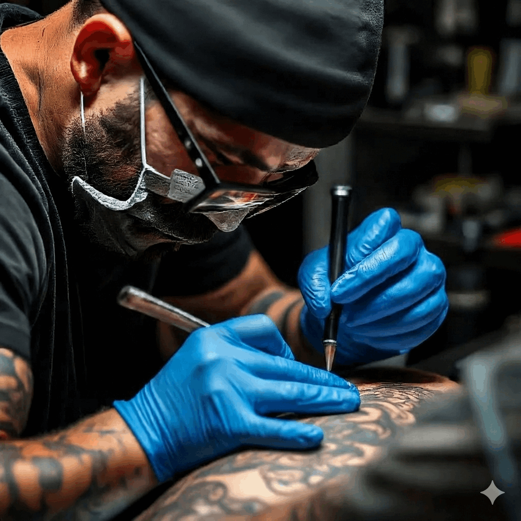 Tattoo artist in a tattoo studio with wearing Blue Nitrile Gloves on, working on a tattoo.