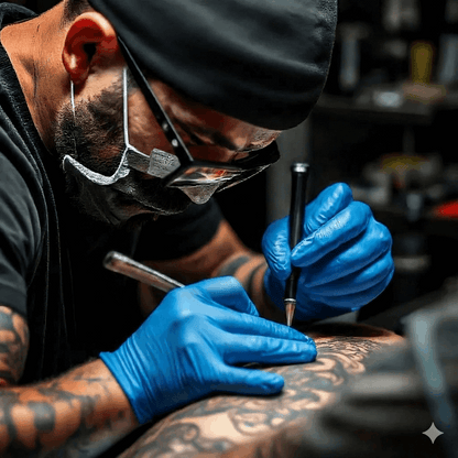 Tattoo artist in a tattoo studio with wearing Blue Nitrile Gloves on, working on a tattoo.
