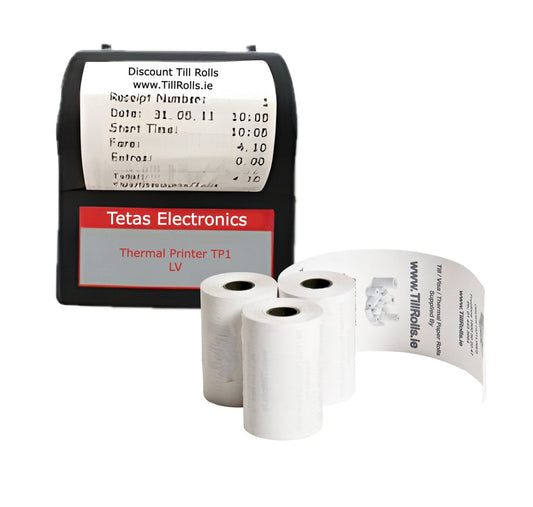 Tetas Electronics thermal printer with rolls of paper on a white background