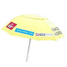 Yellow Bookmakers racecourse umbrella with Racing UK branding on a white background