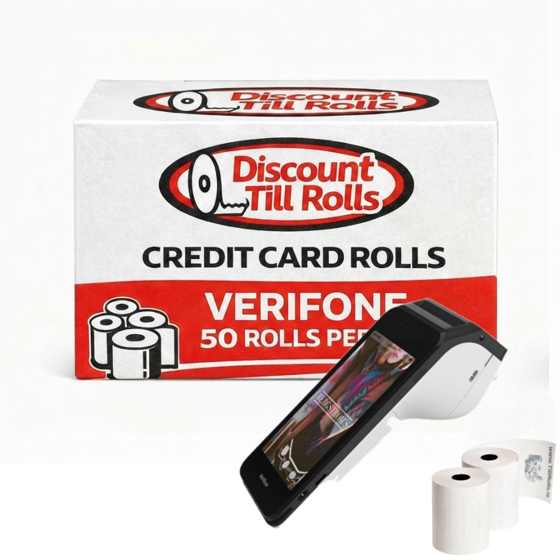 Box of Discount Till Rolls credit card rolls with a Verifone device and additional rolls on a white background