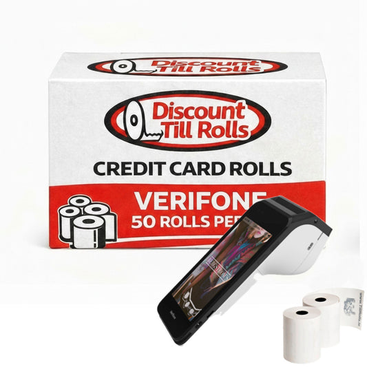 Box of Discount Till Rolls credit card rolls with a Verifone device and additional rolls on a white background