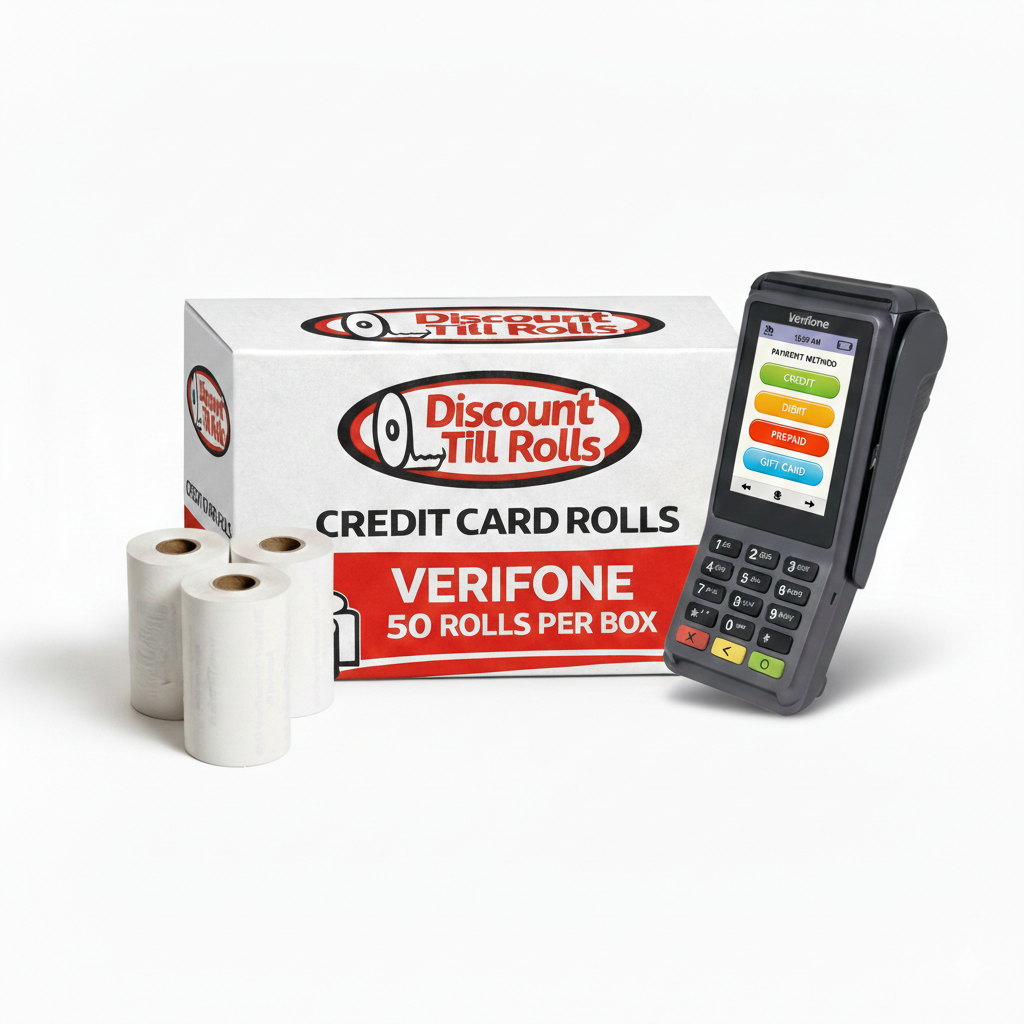 Verifone V200c credit card reader with Discount Till Rolls packaging on a white background